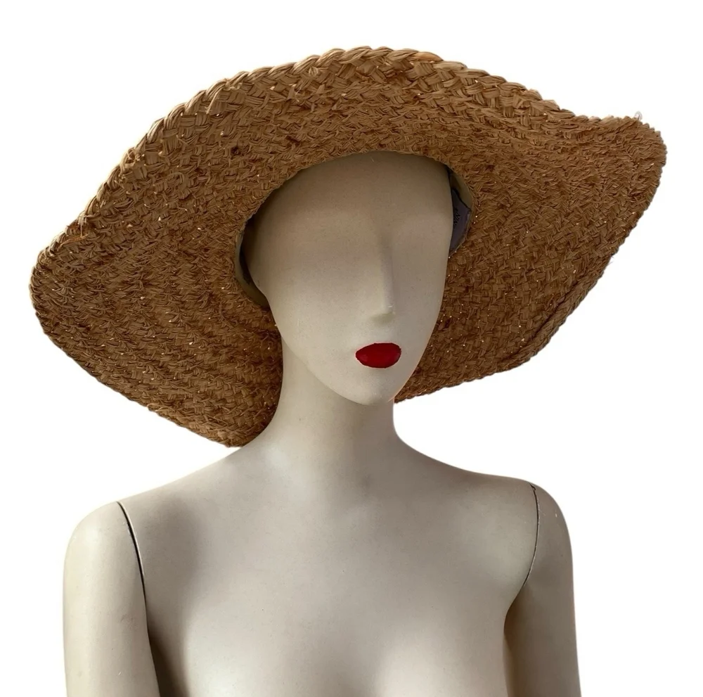 Nine West Wide Brim Raffia Floppy Sun Hat Natural Tan Dark Band Vintage VG